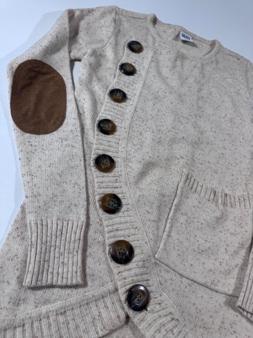 Vero Moda Oatmeal Speckled Button Cardigan Sweater w/ Elbow Patches XS - Picture 3 of 10